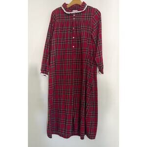 VTG LANZ OF SALZBURG Nightgown S Red Plaid Flannel Lace Grandma Prairie Holiday